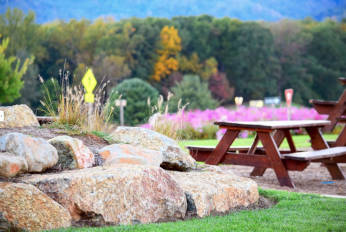 A picnic table overlooks an idyllic view of the mountains surrounding Old Trail